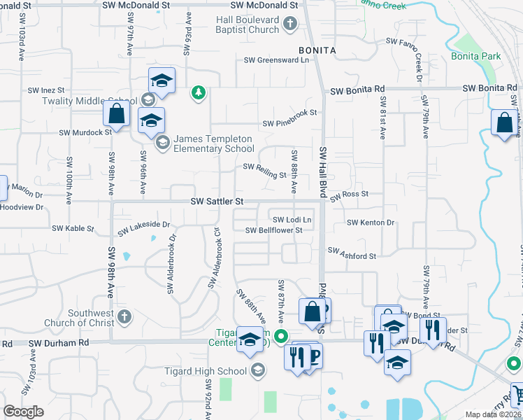 map of restaurants, bars, coffee shops, grocery stores, and more near 15220 Southwest Parkland Terrace in Portland