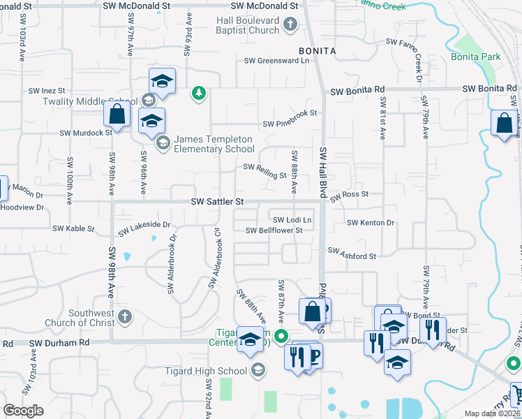 map of restaurants, bars, coffee shops, grocery stores, and more near 15220 Southwest Parkland Terrace in Portland