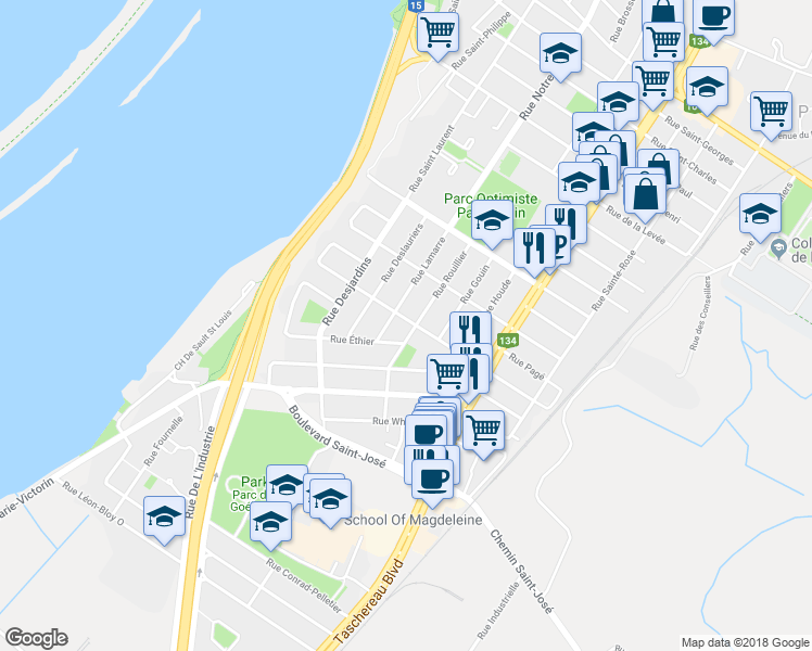 map of restaurants, bars, coffee shops, grocery stores, and more near 854 Rue Rouillier in La Prairie