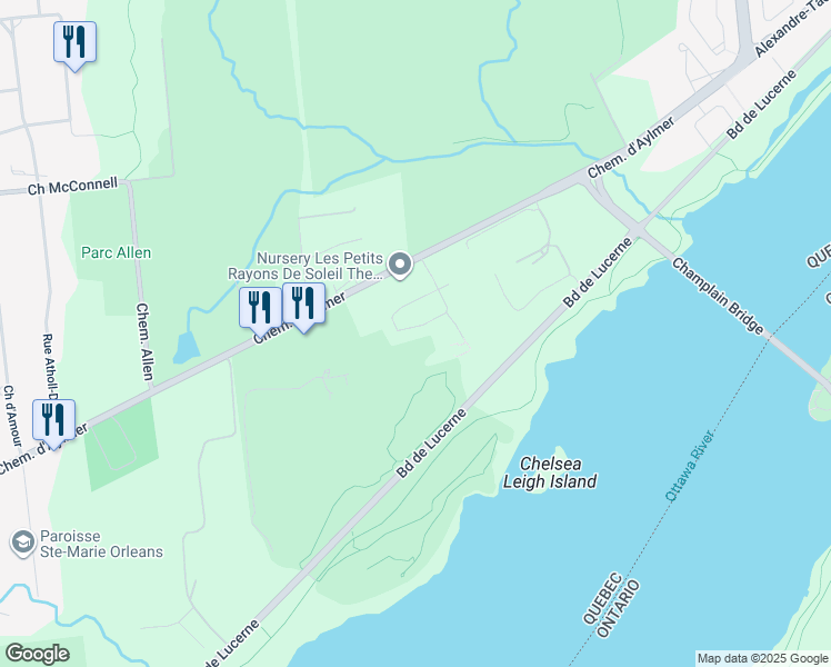 map of restaurants, bars, coffee shops, grocery stores, and more near 45 Rue du Colonial in Gatineau
