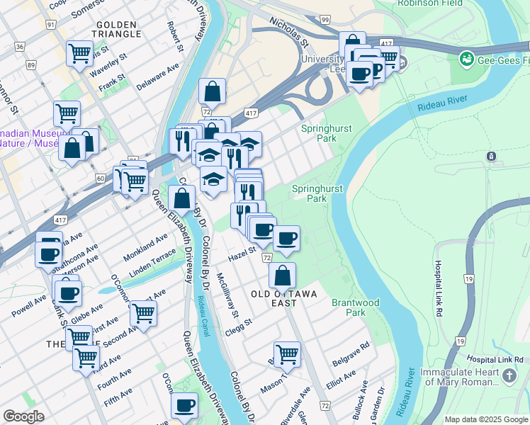 map of restaurants, bars, coffee shops, grocery stores, and more near 6 Des Oblats Avenue in Ottawa