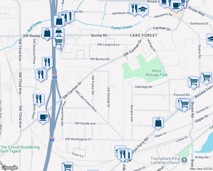 map of restaurants, bars, coffee shops, grocery stores, and more near 16065 Southwest Kimball Street in Lake Oswego