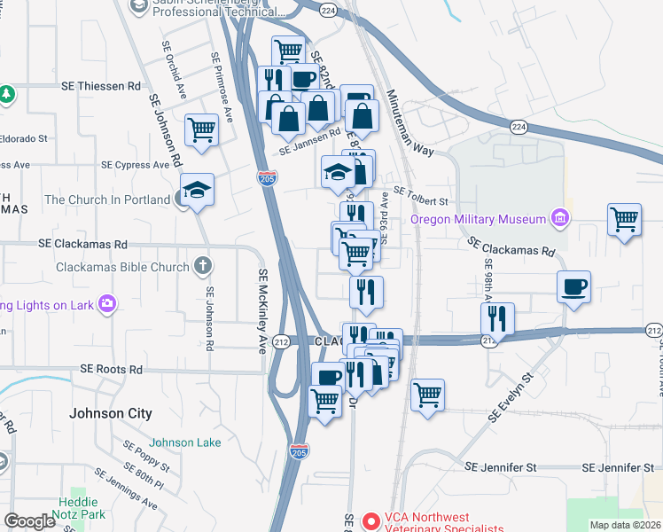 map of restaurants, bars, coffee shops, grocery stores, and more near 9142 Southeast Saint Helens Street in Clackamas