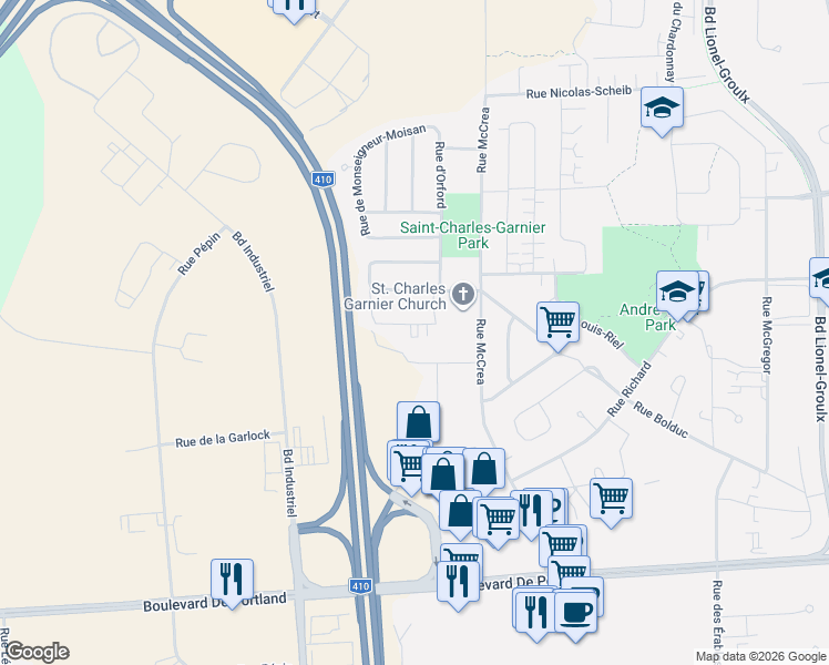 map of restaurants, bars, coffee shops, grocery stores, and more near 3780 Emile-Chartier in Sherbrooke