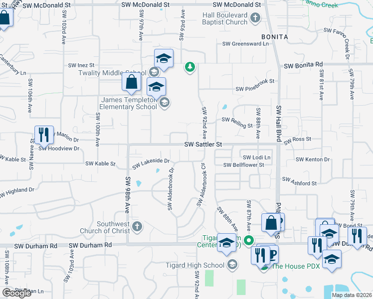 map of restaurants, bars, coffee shops, grocery stores, and more near 15288 Southwest Alderbrook Place in Tigard