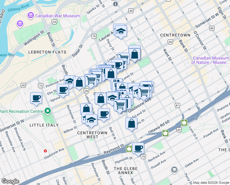 map of restaurants, bars, coffee shops, grocery stores, and more near in Ottawa