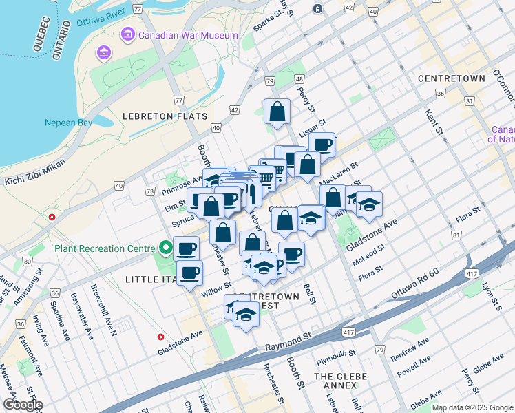 map of restaurants, bars, coffee shops, grocery stores, and more near in Ottawa