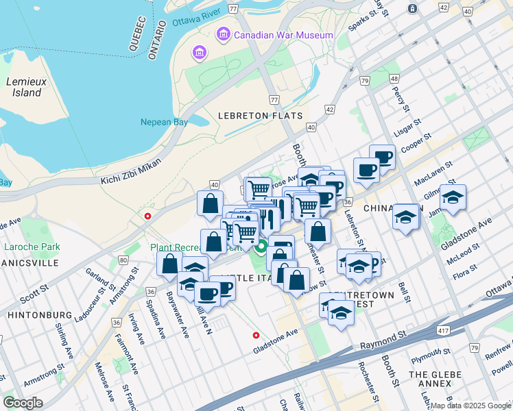 map of restaurants, bars, coffee shops, grocery stores, and more near in Ottawa