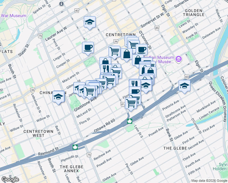 map of restaurants, bars, coffee shops, grocery stores, and more near 474 Lyon Street North in Ottawa