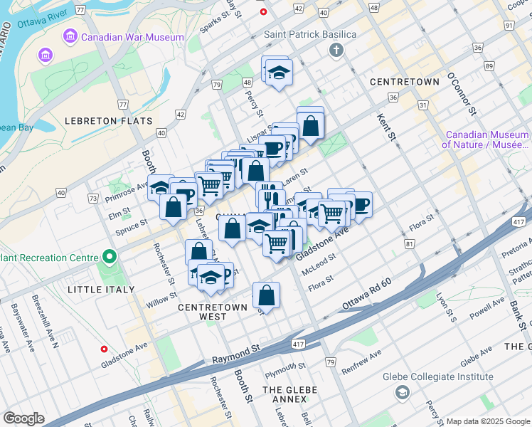 map of restaurants, bars, coffee shops, grocery stores, and more near 360 Bronson Avenue in Ottawa