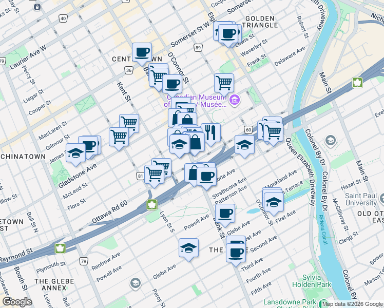 map of restaurants, bars, coffee shops, grocery stores, and more near 511 Bank Street in Ottawa