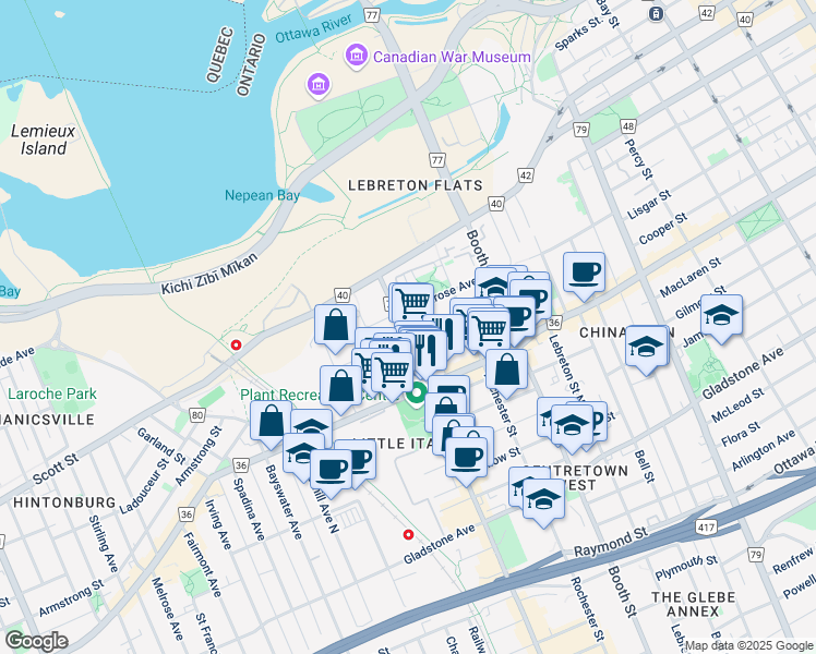 map of restaurants, bars, coffee shops, grocery stores, and more near 63 Preston Street in Ottawa