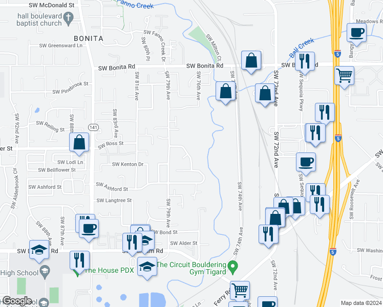 map of restaurants, bars, coffee shops, grocery stores, and more near 7725 Southwest Gentle Woods Drive in Tigard