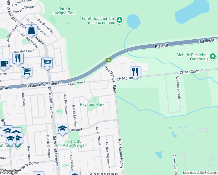map of restaurants, bars, coffee shops, grocery stores, and more near 383 Avenue des Bucherons in Gatineau