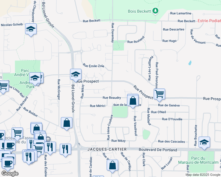 map of restaurants, bars, coffee shops, grocery stores, and more near 761 Rue Duvernay in Sherbrooke
