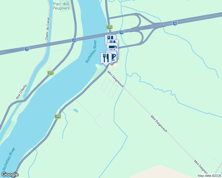 map of restaurants, bars, coffee shops, grocery stores, and more near 50 Montée Daigneault in Richelieu
