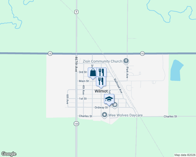 map of restaurants, bars, coffee shops, grocery stores, and more near 612-698 2nd Avenue in Wilmot