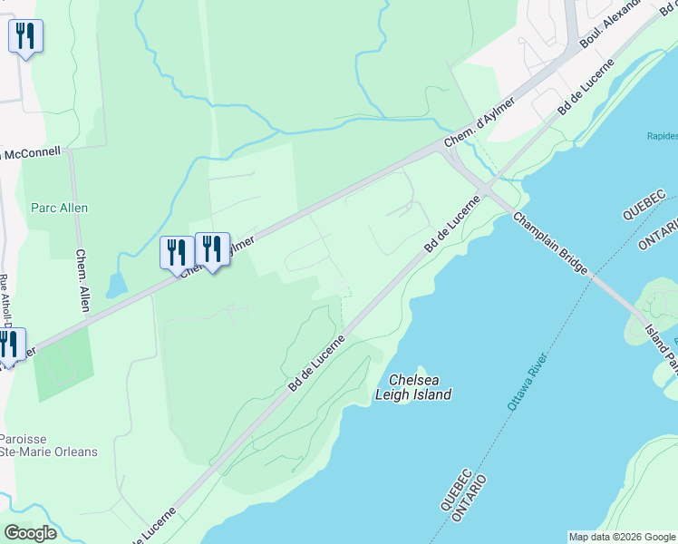 map of restaurants, bars, coffee shops, grocery stores, and more near 129 Rue d'Augusta in Gatineau