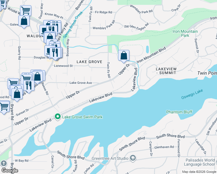 map of restaurants, bars, coffee shops, grocery stores, and more near 15939 Twin Fir Road in Lake Oswego