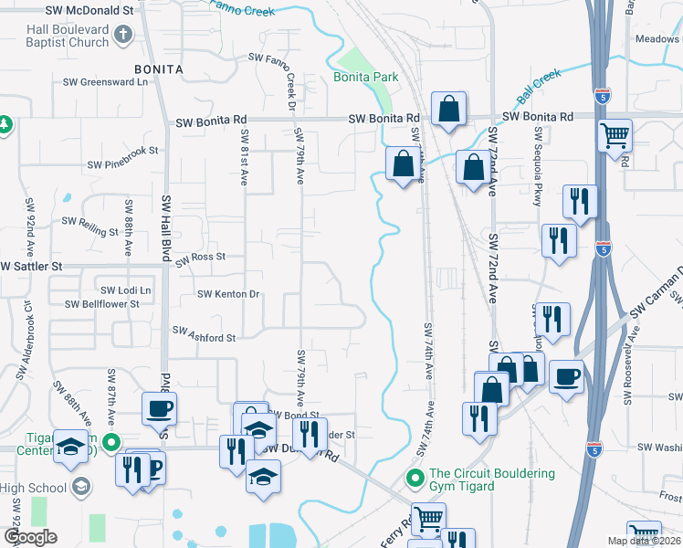 map of restaurants, bars, coffee shops, grocery stores, and more near 7695 Southwest Gentle Woods Drive in Tigard