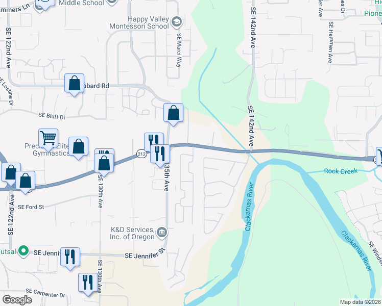 map of restaurants, bars, coffee shops, grocery stores, and more near 13640 Southeast Highway 212 in Clackamas