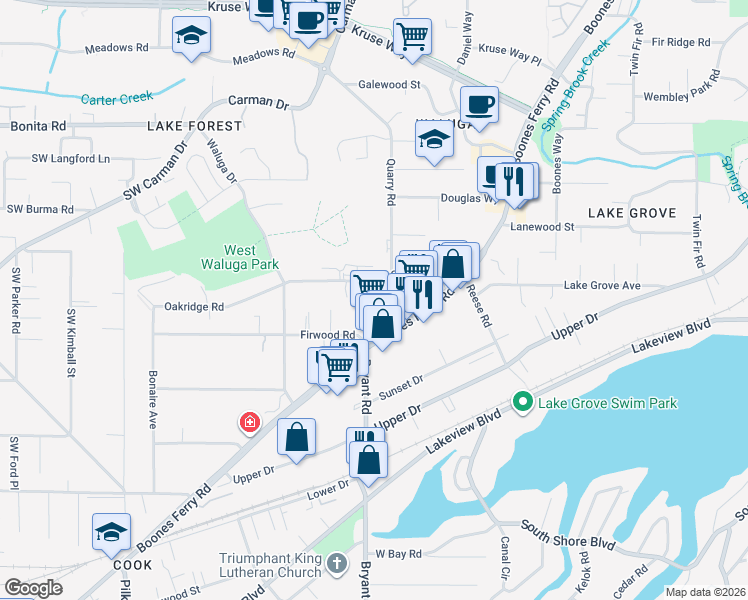 map of restaurants, bars, coffee shops, grocery stores, and more near 15951 Quarry Road in Lake Oswego