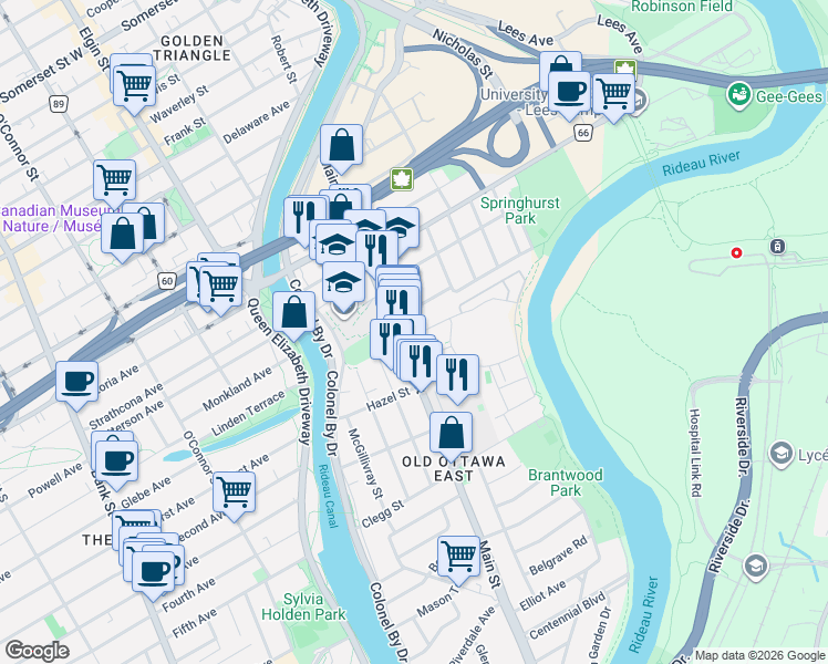 map of restaurants, bars, coffee shops, grocery stores, and more near 11 Oblats Avenue in Ottawa