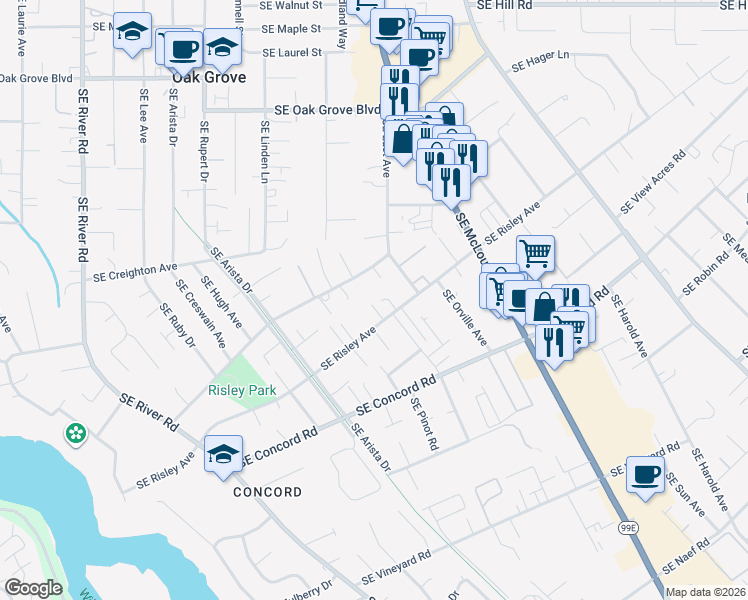map of restaurants, bars, coffee shops, grocery stores, and more near 2899 Southeast Risley Avenue in Milwaukie