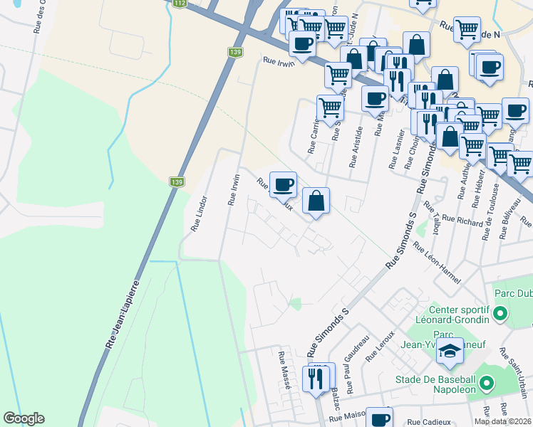 map of restaurants, bars, coffee shops, grocery stores, and more near 144 Rue Saint-Jude Sud in Granby