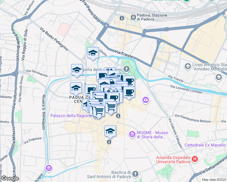 map of restaurants, bars, coffee shops, grocery stores, and more near 16 Via San Fermo in Padova