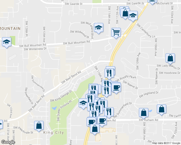 map of restaurants, bars, coffee shops, grocery stores, and more near 11773 Southwest King George Drive in King City