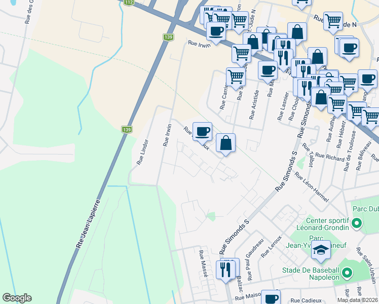 map of restaurants, bars, coffee shops, grocery stores, and more near 144 Rue Saint-Jude Sud in Granby