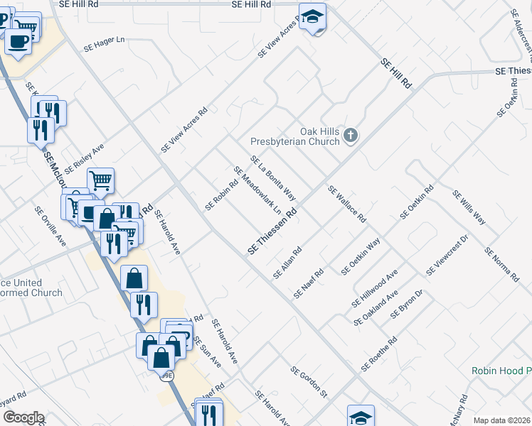 map of restaurants, bars, coffee shops, grocery stores, and more near 4655 Southeast Thiessen Road in Milwaukie