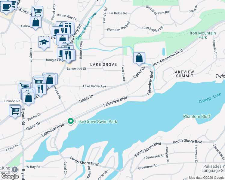 map of restaurants, bars, coffee shops, grocery stores, and more near 3230 Upper Drive in Lake Oswego
