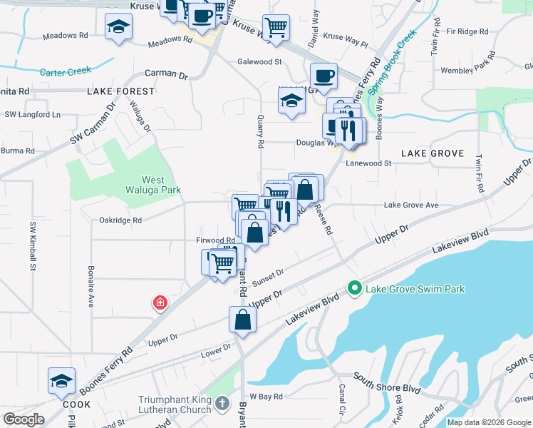 map of restaurants, bars, coffee shops, grocery stores, and more near 16057 Boones Ferry Road in Lake Oswego