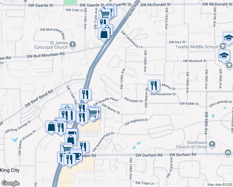 map of restaurants, bars, coffee shops, grocery stores, and more near 15204 Southwest Royalty Parkway in Portland
