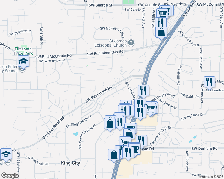 map of restaurants, bars, coffee shops, grocery stores, and more near 11839 Southwest King George Drive in King City