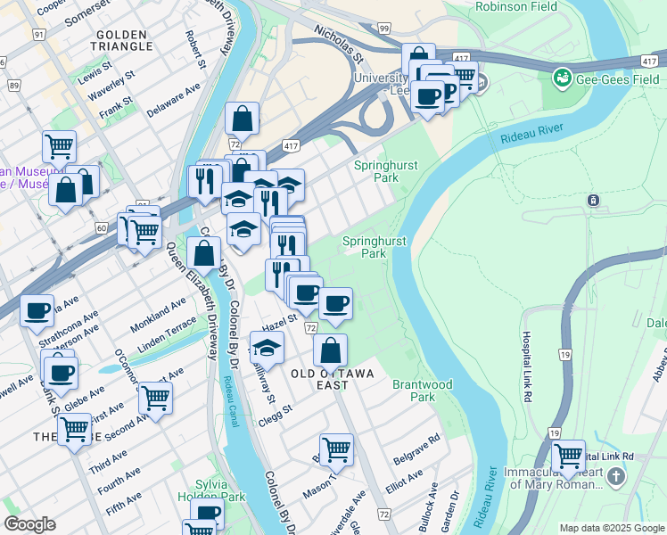 map of restaurants, bars, coffee shops, grocery stores, and more near in Ottawa