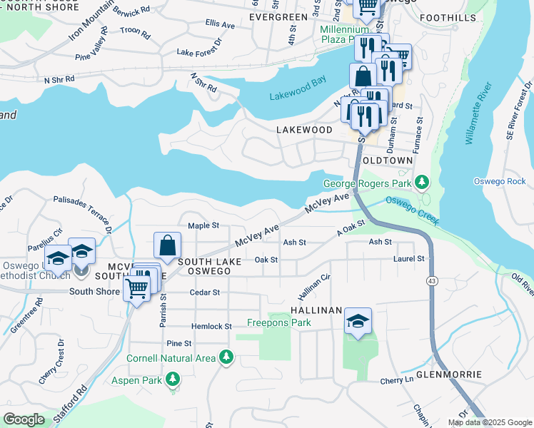 map of restaurants, bars, coffee shops, grocery stores, and more near 950 Lake Front Road in Lake Oswego