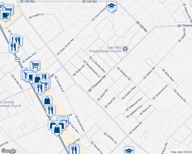 map of restaurants, bars, coffee shops, grocery stores, and more near 15611 Southeast Meadowlark Lane in Portland