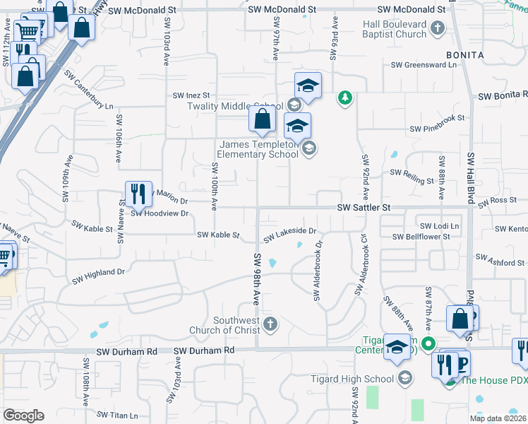 map of restaurants, bars, coffee shops, grocery stores, and more near 9765 Southwest Oaks Lane in Tigard