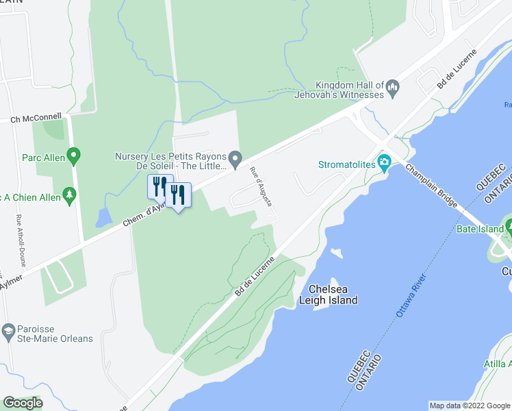 map of restaurants, bars, coffee shops, grocery stores, and more near 25 Rue du Colonial in Gatineau