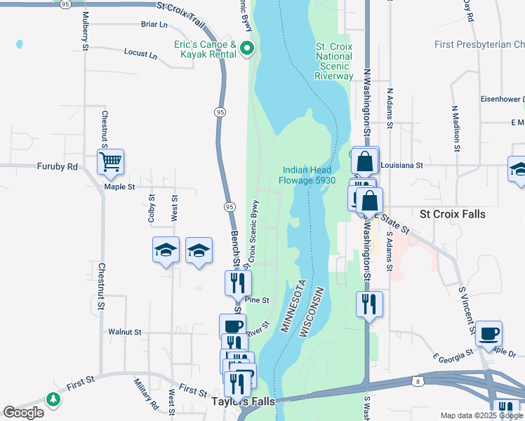 map of restaurants, bars, coffee shops, grocery stores, and more near 812 Chisago Street in Taylors Falls