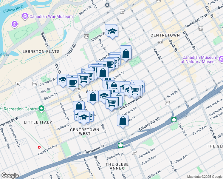map of restaurants, bars, coffee shops, grocery stores, and more near 706 Gilmour Street in Ottawa