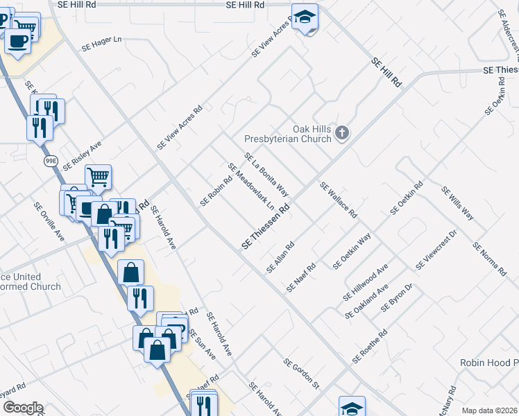 map of restaurants, bars, coffee shops, grocery stores, and more near 15607 Southeast Meadowlark Lane in Portland