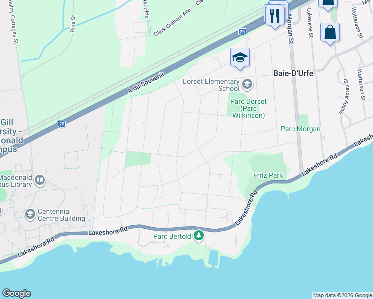 map of restaurants, bars, coffee shops, grocery stores, and more near 715 Rue Victoria in Baie-d'Urfé
