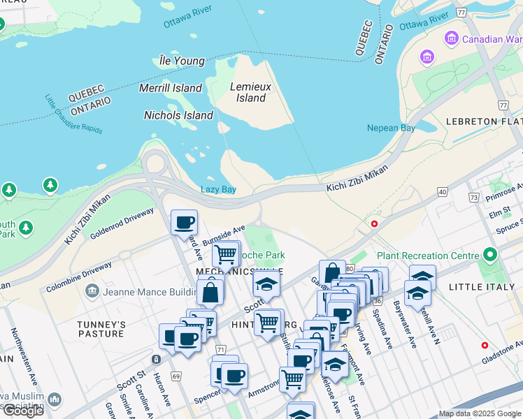 map of restaurants, bars, coffee shops, grocery stores, and more near Slidell Street in Ottawa