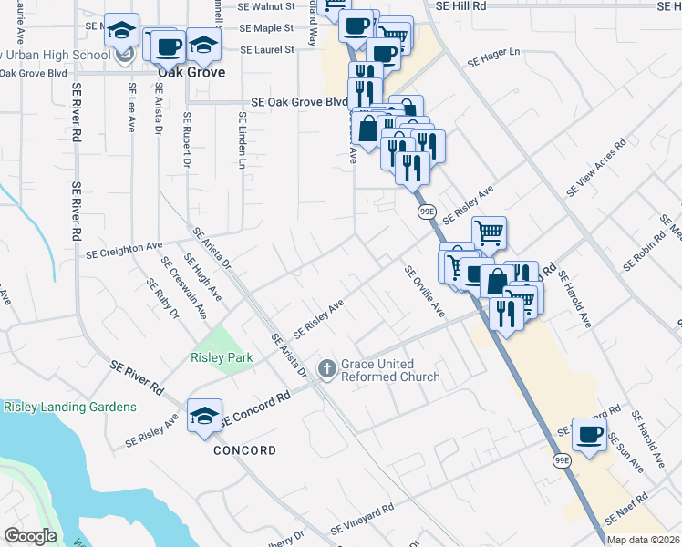 map of restaurants, bars, coffee shops, grocery stores, and more near 2899 Southeast Risley Avenue in Milwaukie