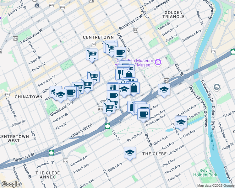 map of restaurants, bars, coffee shops, grocery stores, and more near 100 Flora Street in Ottawa