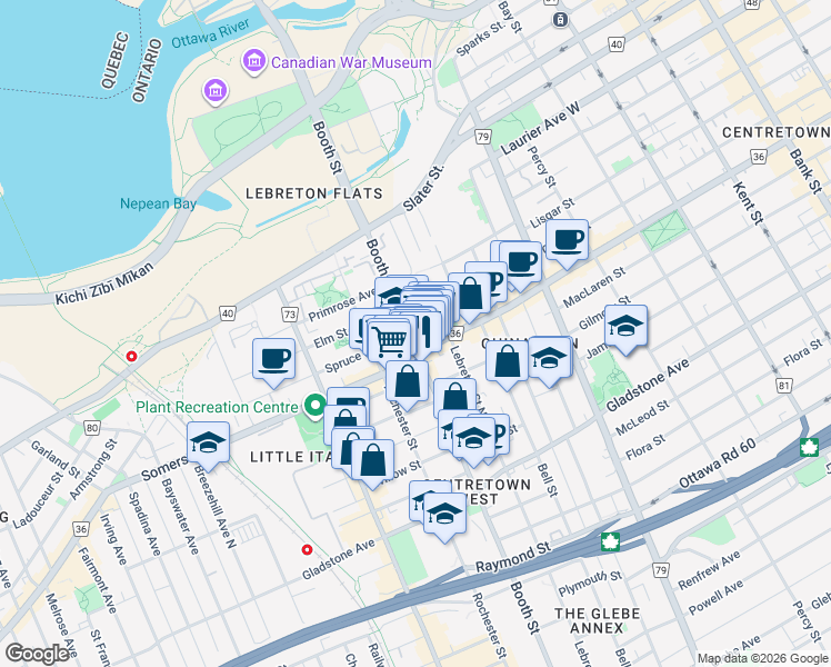 map of restaurants, bars, coffee shops, grocery stores, and more near 275 Booth Street in Ottawa